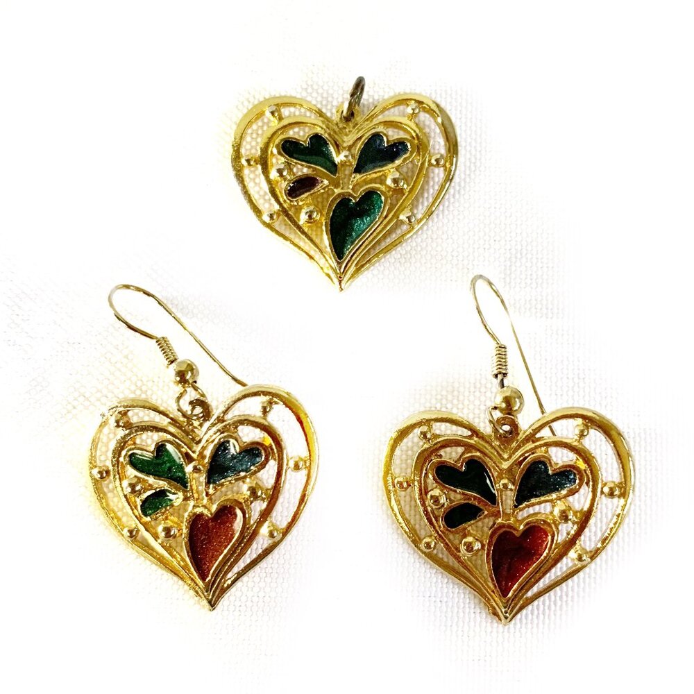 Gold Tone Heart Shape Dangle Earrings and Pendant